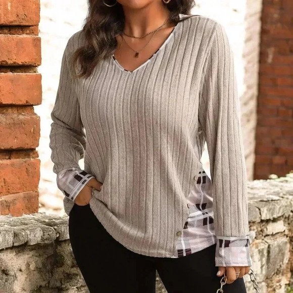 🆕Plus Size Plaid Stitching V-Neck Ribbed Sweater Casual Long Sleeve Sweater Top - Picture 1 of 9